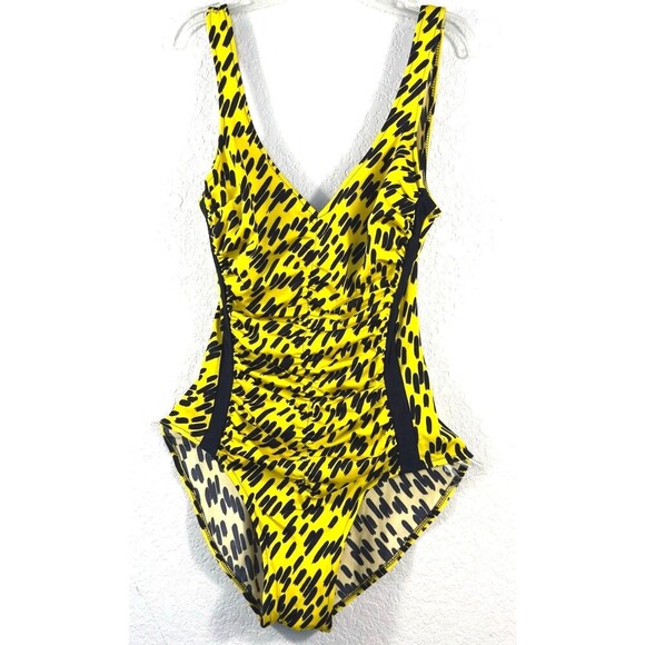 Catalina Other - Vintage Catalina One Piece Swimsuit Sz 12 Yellow Black Abstract Ruched Made USA